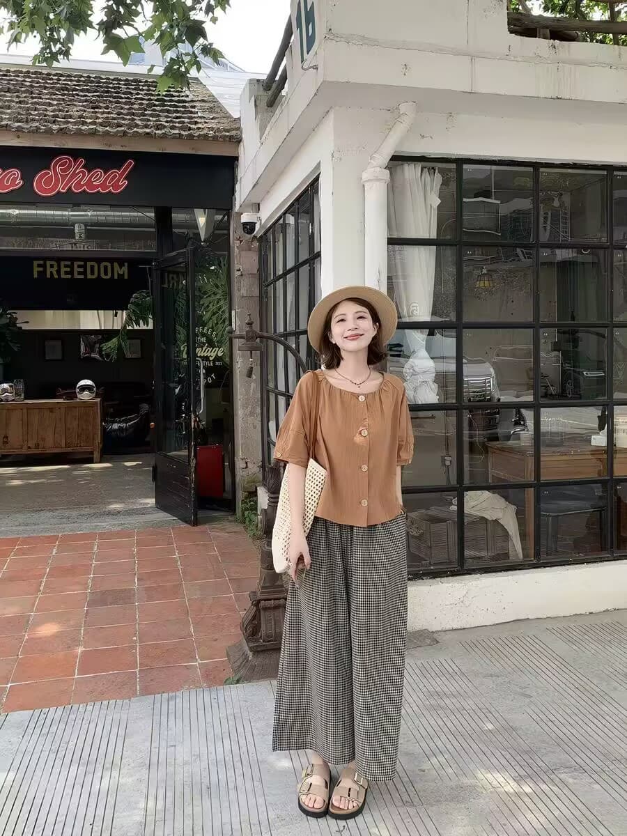 한 부서 레트로 체크무늬 치마바지 여성 봄 가을 지방 mm 새로운 루즈핏 슬림해 보이는 느긋한 도루 가을 센스 작은 키 9부 바지 이미지 3