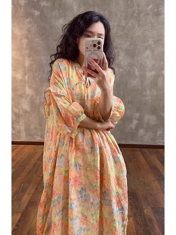 낭만주의 레이스 패치워크 프린트 문예 루즈핏 드레스 상세 이미지 1