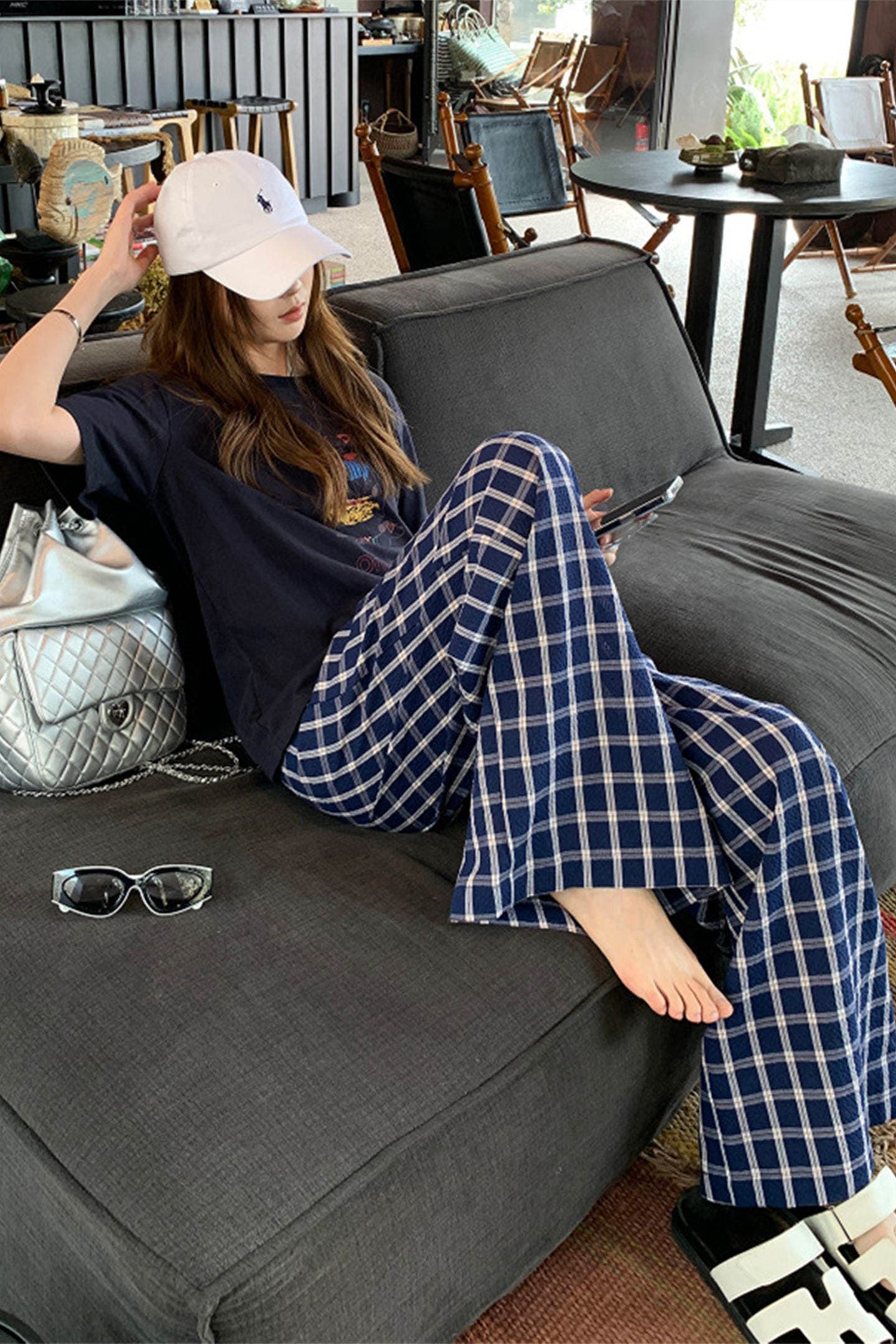 루즈핏 체크무늬 와이드 레그 팬츠 캐주얼 바지 상세 이미지 3