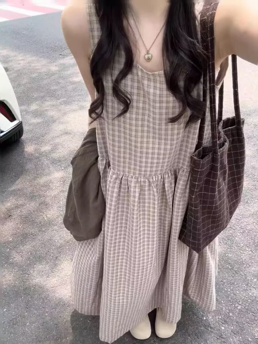 레트로 체크무늬 조끼 여성 드레스 봄 가을 새로운 루즈핏 슬림해 보이는 한 마디 롱 스커트 느긋한 바람 이미지 2