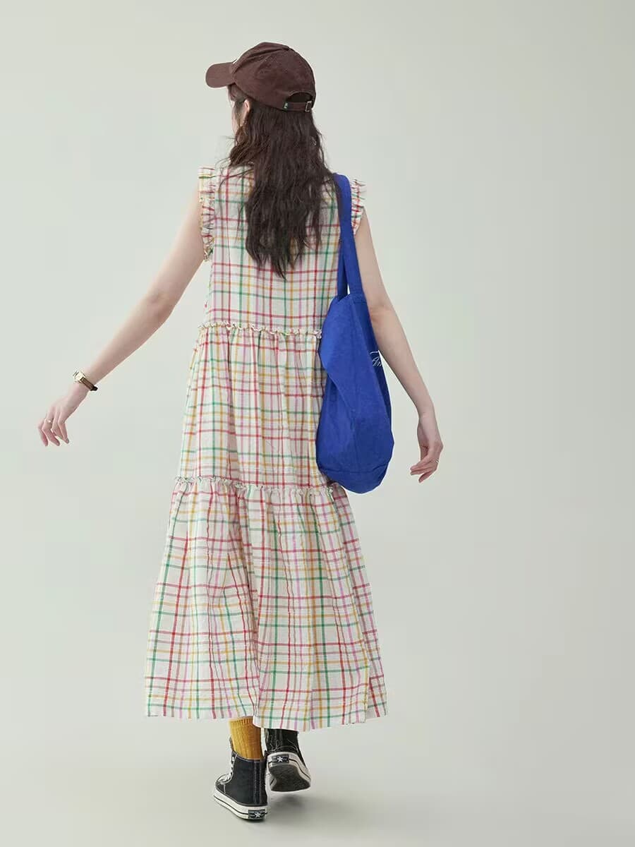 도파민 색상 그리드 순면 민소매 여성 드레스 여름 휴가 바람 길다 치마 이미지 4