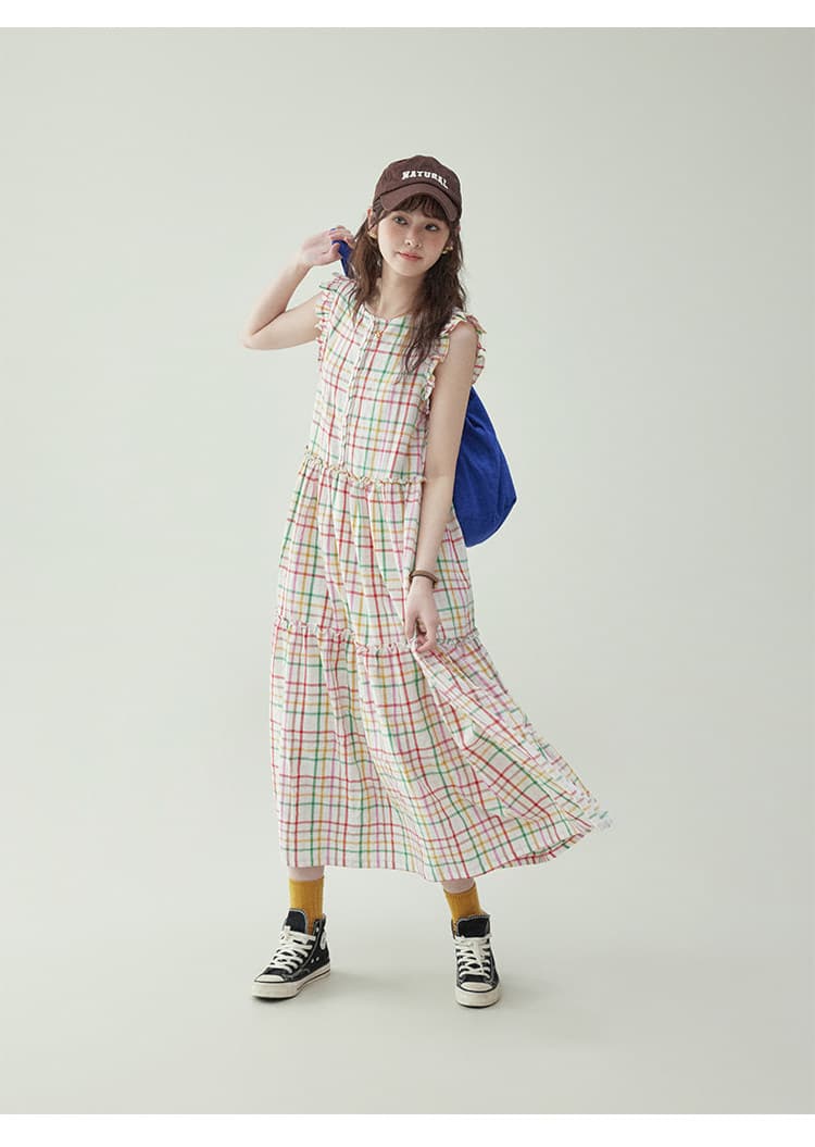 도파민 색상 그리드 순면 민소매 여성 드레스 여름 휴가 바람 길다 치마 상세 이미지 17