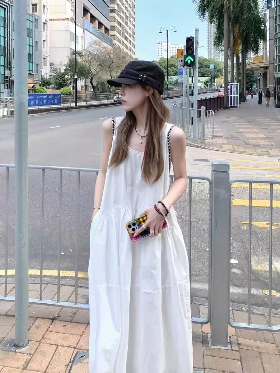 문예 바로크 피부 센스 화이트 민소매 드레스 루즈핏 A라인 스커트 하얀 달빛 휴가 치마 여름 상세 이미지 9