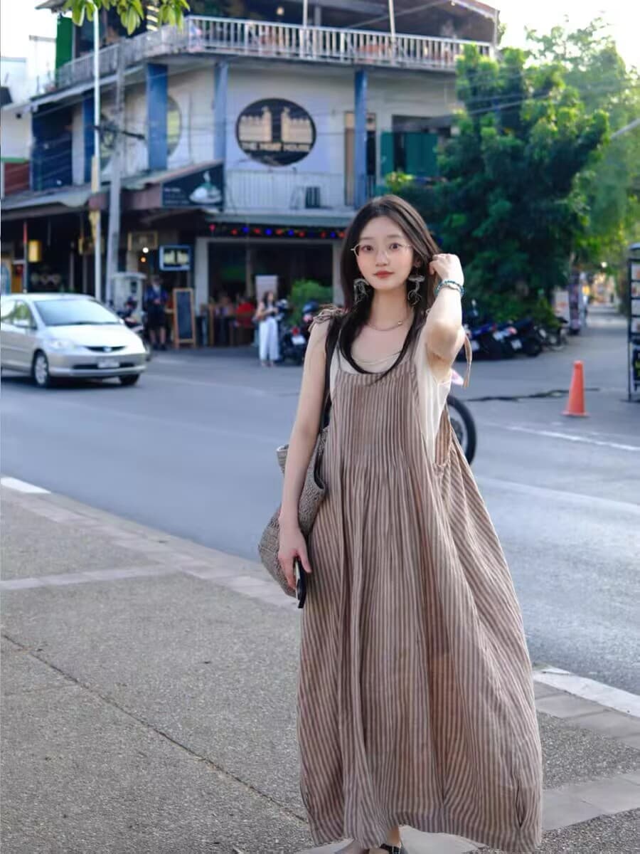 아마 멜빵 스커트 수신 Pleat 프로필 모양 치마 이미지 4
