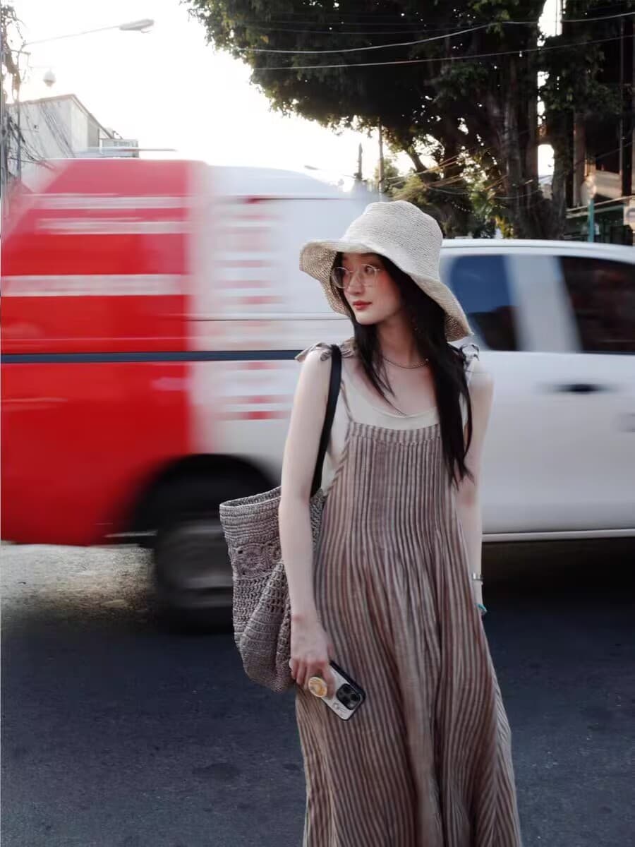 아마 멜빵 스커트 수신 Pleat 프로필 모양 치마 이미지 3