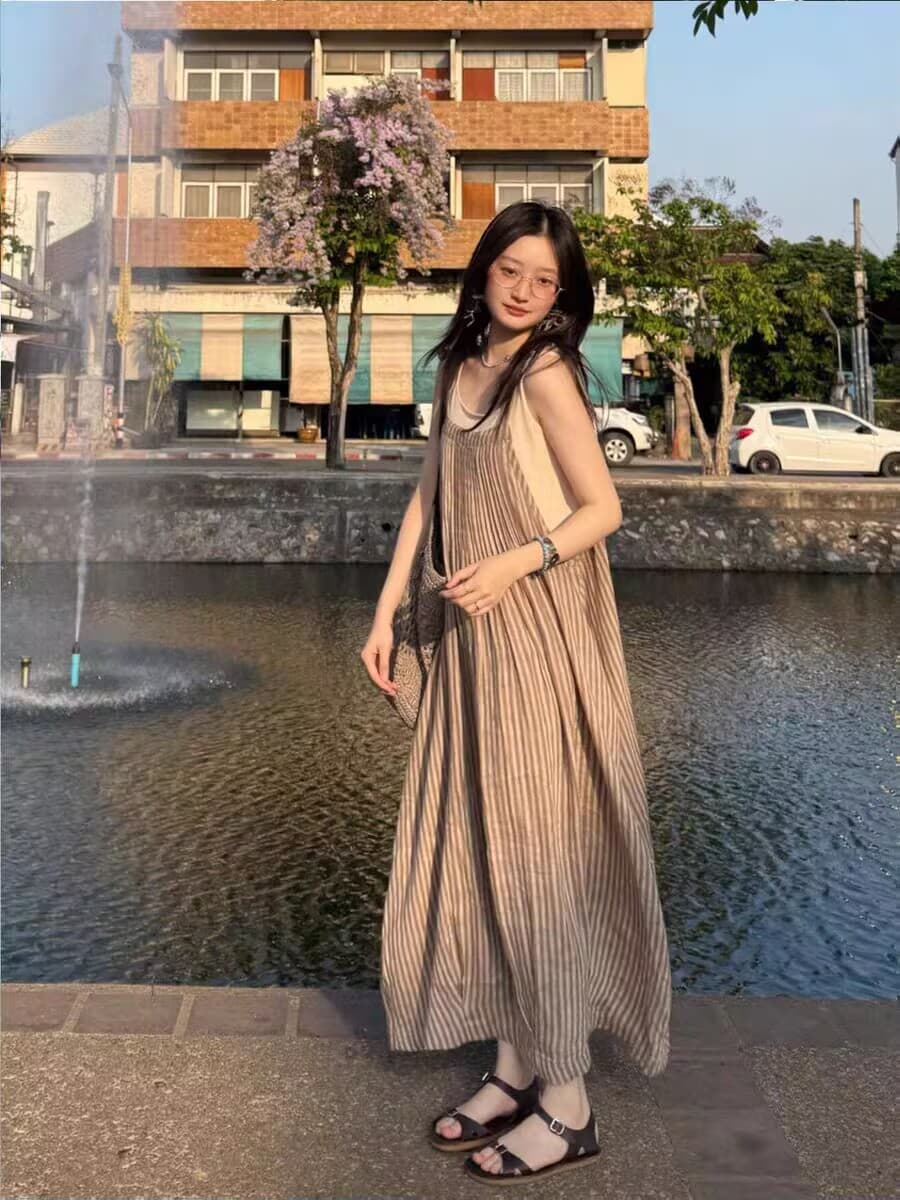 아마 멜빵 스커트 수신 Pleat 프로필 모양 치마