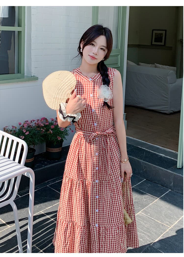 레트로 빨간색 체크무늬 민소매 여성 드레스 여름 2026 새로운 표지 고기 슬림해 보이는 허리 수축 한 마디 롱 스커트 상세 이미지 11