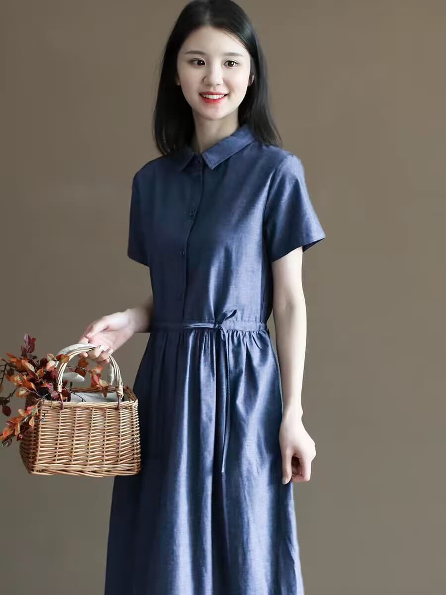 레트로 면 린넨 셔츠 드레스 여름 문예 단색 반팔 중간 길이 드레스 a 여성 이미지 3