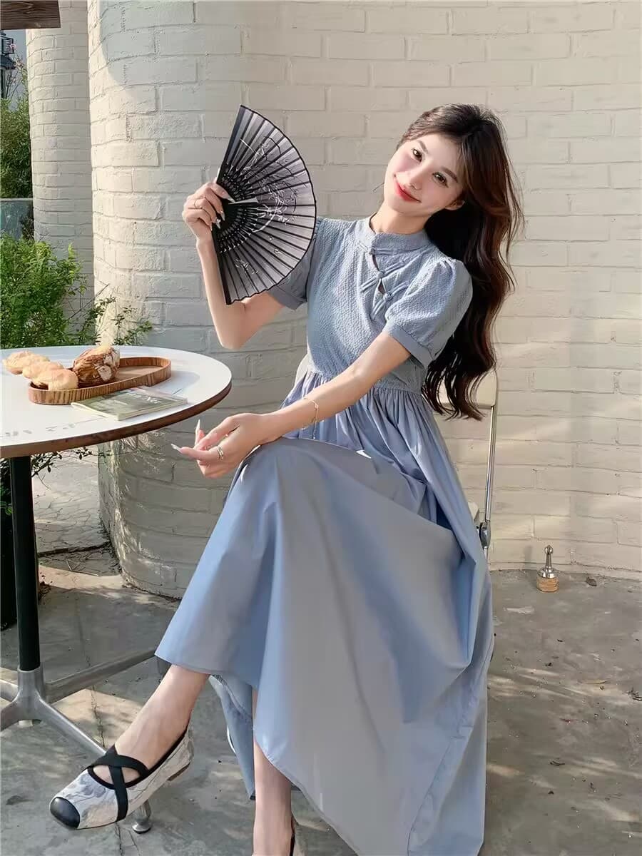 레트로 새로운 중식 개선 여성 드레스 패션 단추 센 부서 국풍 문예 요정 부드러운 거품 소매 이미지 3