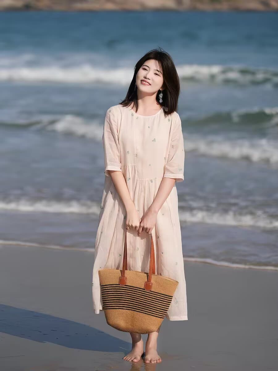 문예 바람 여성 드레스 7부 소매 허리 수축 레이스업 롱 스커트 부드러운 우아한 큰 진자 치마 이미지 3