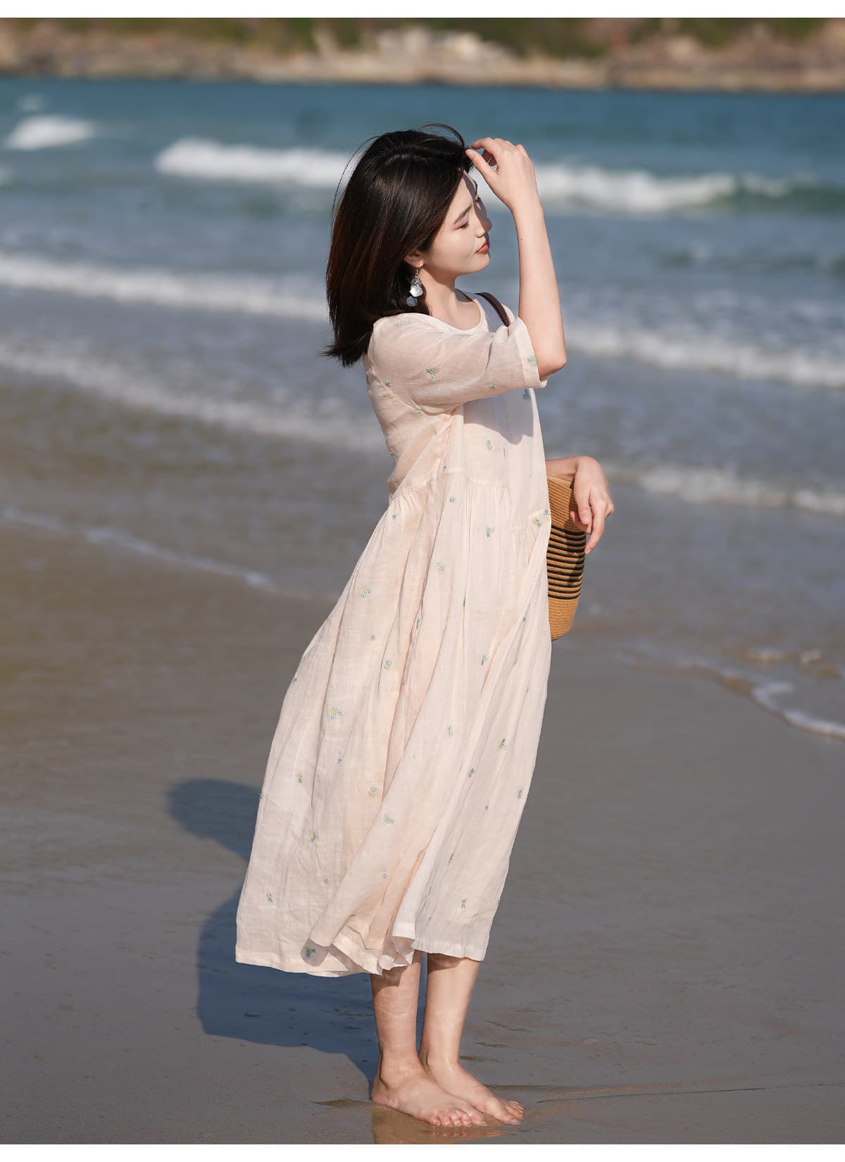문예 바람 여성 드레스 7부 소매 허리 수축 레이스업 롱 스커트 부드러운 우아한 큰 진자 치마 상세 이미지 4