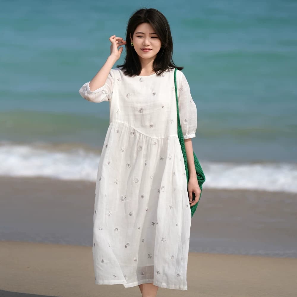 문예 베이지 색 프린트 여성 드레스 7부 소매 허리 수축 슬림해 보이는 대 스윙 길이 치마 품격 상세 이미지 1