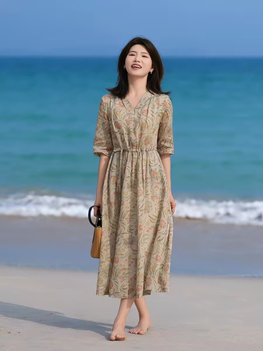 문예 품격 V넥 펌프 로프 허리 수축 프린트 라미 여성 드레스 꽃무늬 하이웨이스트 큰 진자 롱 스커트 이미지 4