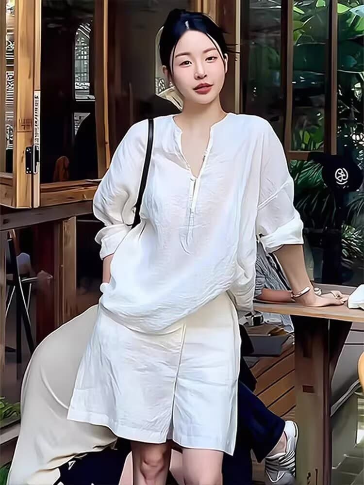 여름 미니멀리즘 출퇴근 캐주얼 느슨함 센스 자외선 차단 셔츠 반바지 투피스 세트 상세 이미지 5
