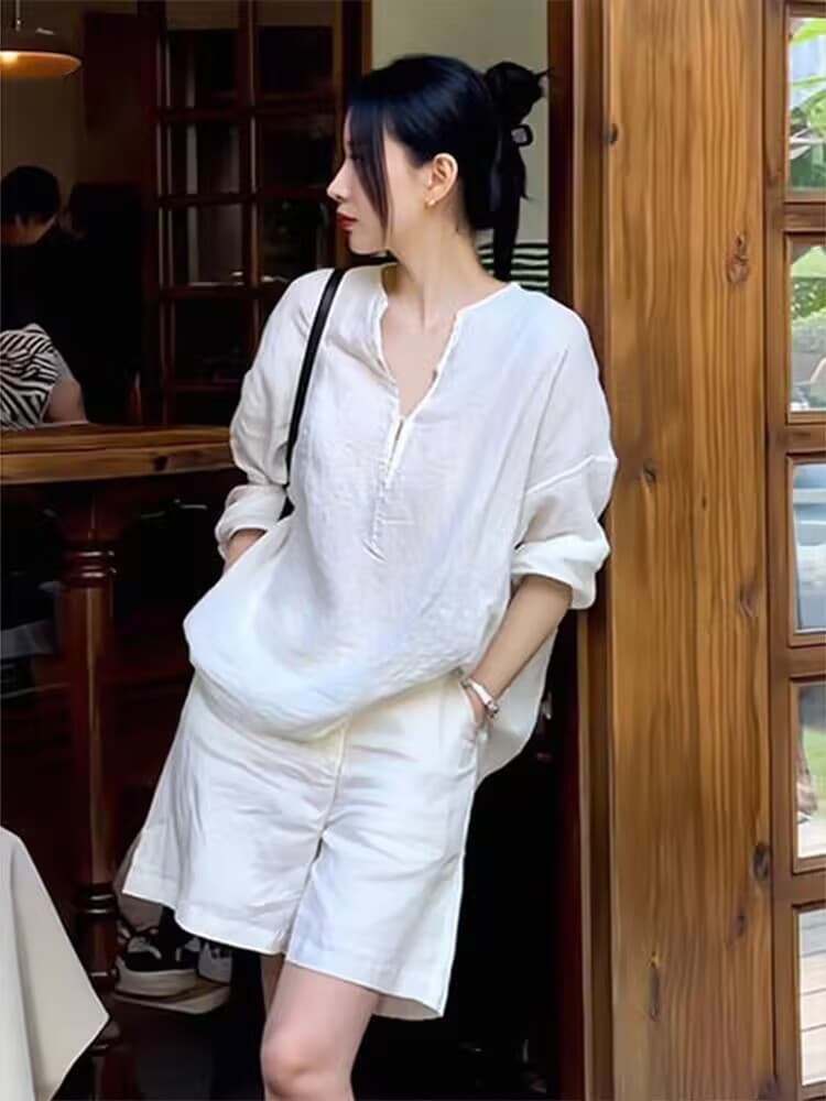 여름 미니멀리즘 출퇴근 캐주얼 느슨함 센스 자외선 차단 셔츠 반바지 투피스 세트 상세 이미지 6