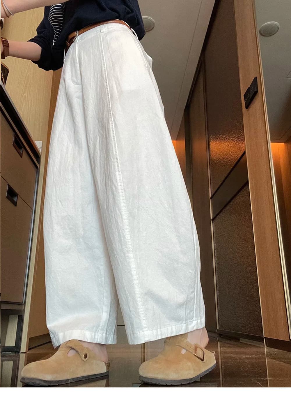 여름 얇은 스타일 바지 아이들 작은 키 도루 가을 센스 오래된 돈 바람 와이드 레그 팬츠 지방 mm 빅 사이즈 화이트 모통이 칼 바지 상세 이미지 4