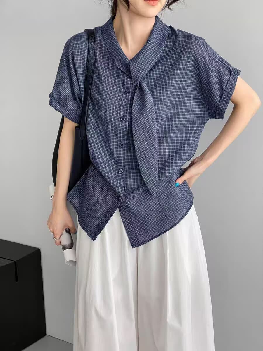 문예 레트로 스타일 얇은 스타일 체크무늬 리본 칼라 셔츠 여자 작은 대중 Chic 잘 생긴 루즈핏 반팔 작은 셔츠 맨위 이미지 2