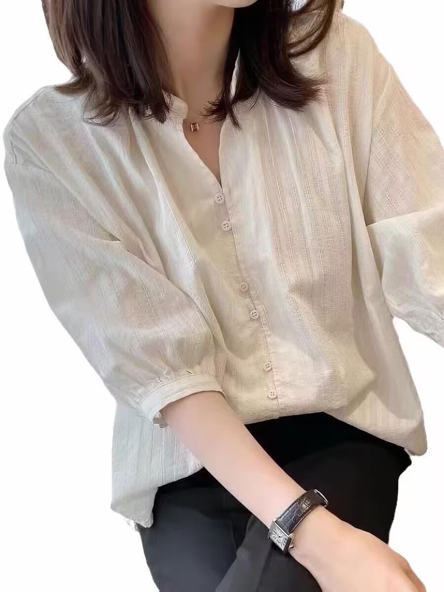 유럽 역 긍정적 인 어깨 여성 셔츠 여름 자카드 새로운 빅 사이즈 아마 면 린넨 7부 소매 맨위 이미지 4