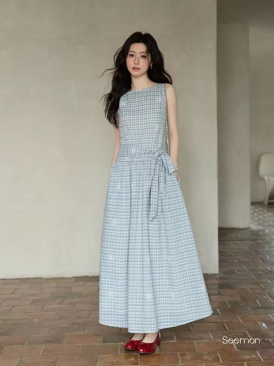 여름 한 부서 잘 생긴 프린트 치마 허리 수축 파란색 체크무늬 롱 코트 민소매 조끼 여성 드레스 이미지 2