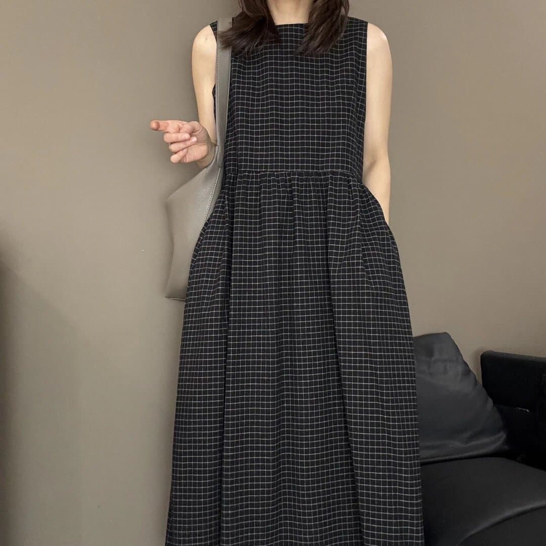 레트로 체크무늬 롱 코트 면 린넨 여성 드레스 2026 여름 단순한 관대 한 슬림해 보이는 조끼 치마 상세 이미지 10