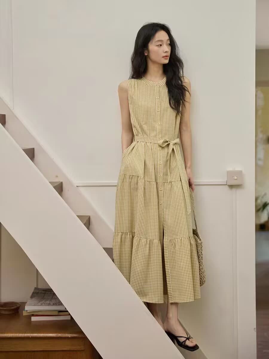 체크무늬 레이스업 허리 수축 케이크 드레스 이미지 3