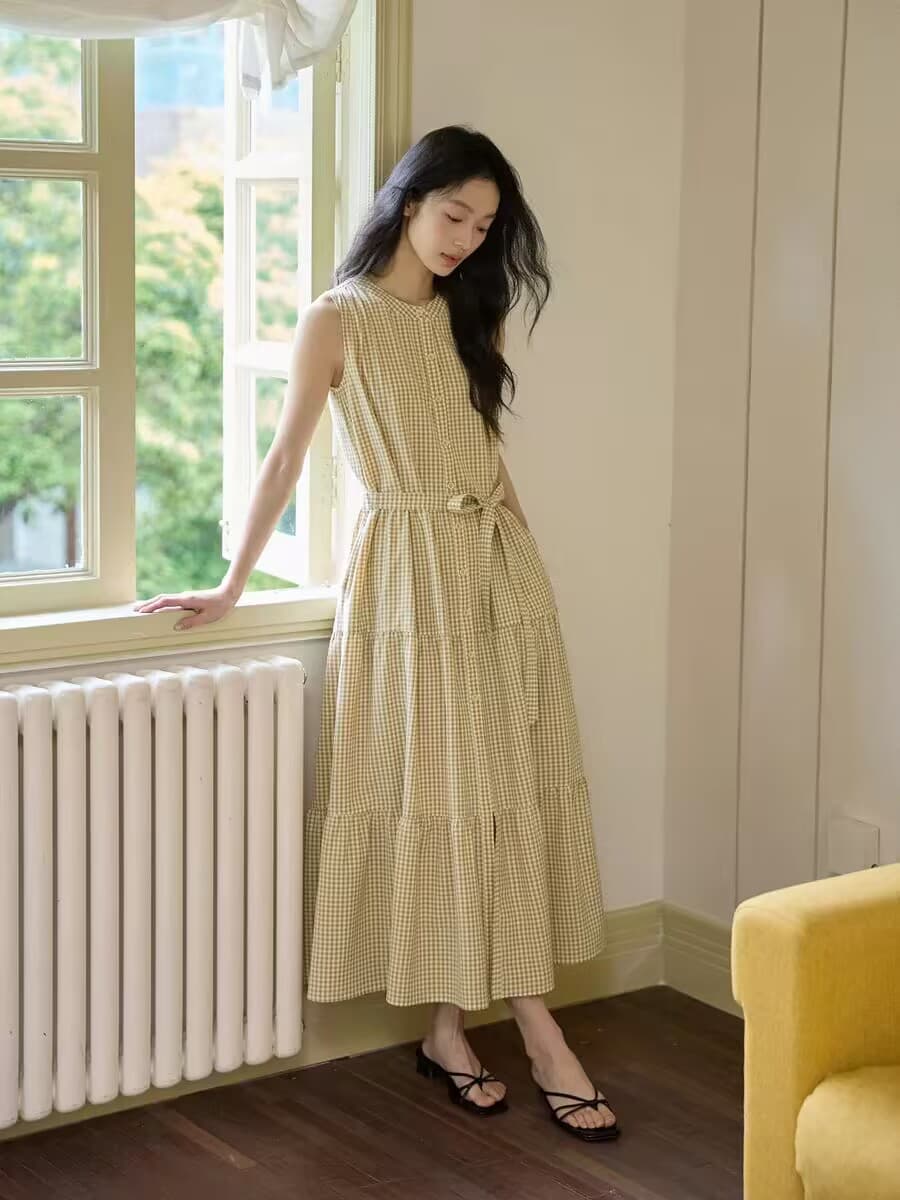 체크무늬 레이스업 허리 수축 케이크 드레스