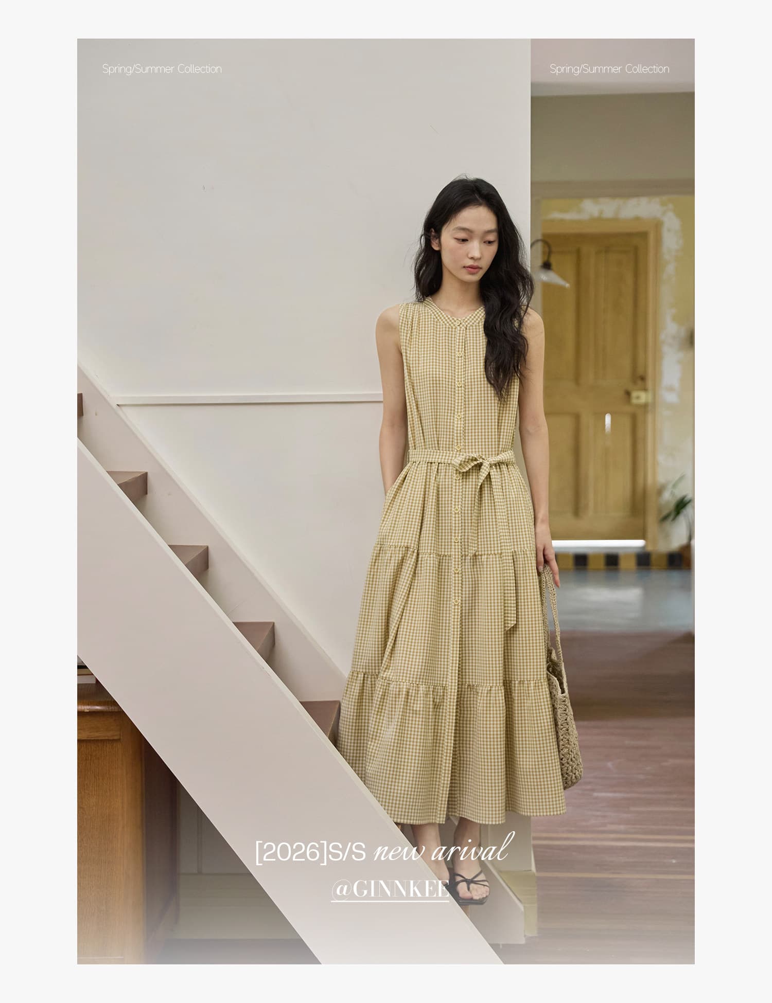 체크무늬 레이스업 허리 수축 케이크 드레스 상세 이미지 3