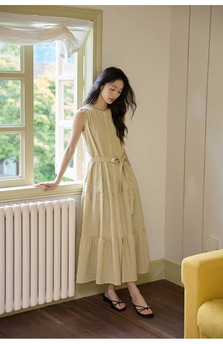 체크무늬 레이스업 허리 수축 케이크 드레스 상세 이미지 10