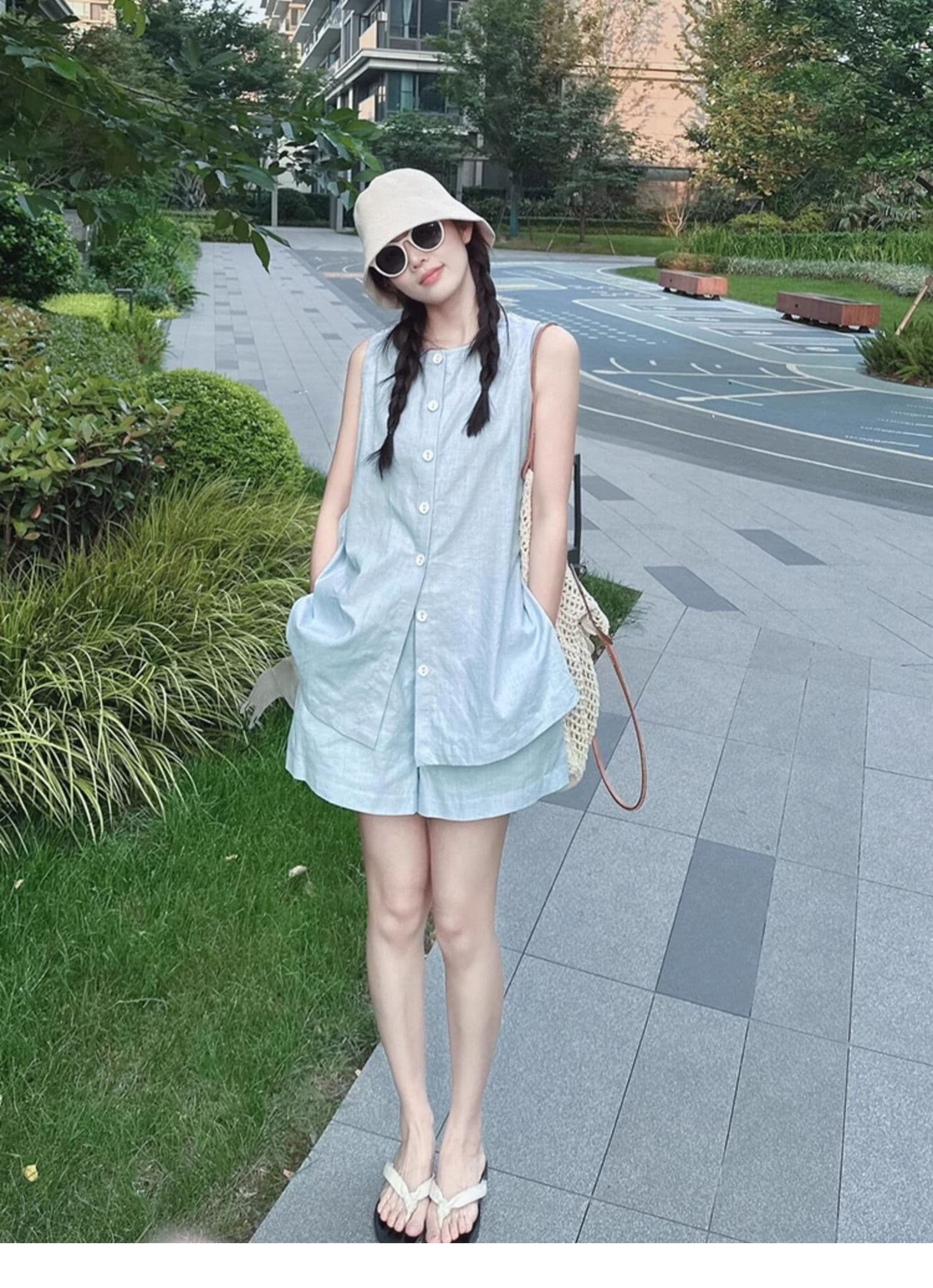 민소매 셔츠 세트 여성 여름 한 부서 착용 가져 가라. 세련된 느슨함 센스 베스트 허리밴드 반바지 투피스 세트 상세 이미지 3