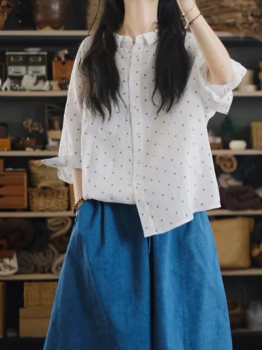 도트 무늬 셔츠 백 설정 품질 7부 소매 루즈핏 맨위 여성