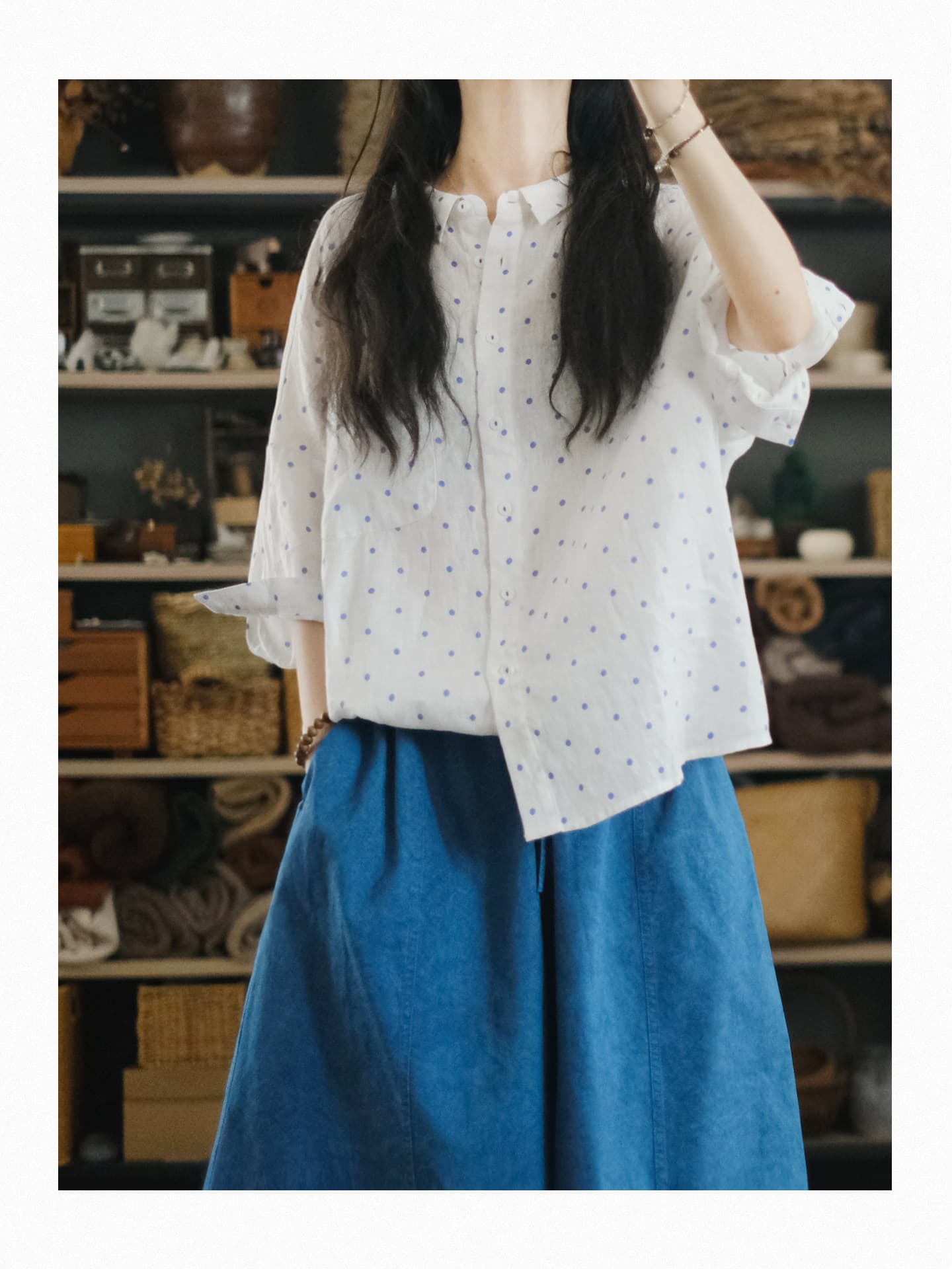 도트 무늬 셔츠 백 설정 품질 7부 소매 루즈핏 맨위 여성 상세 이미지 2