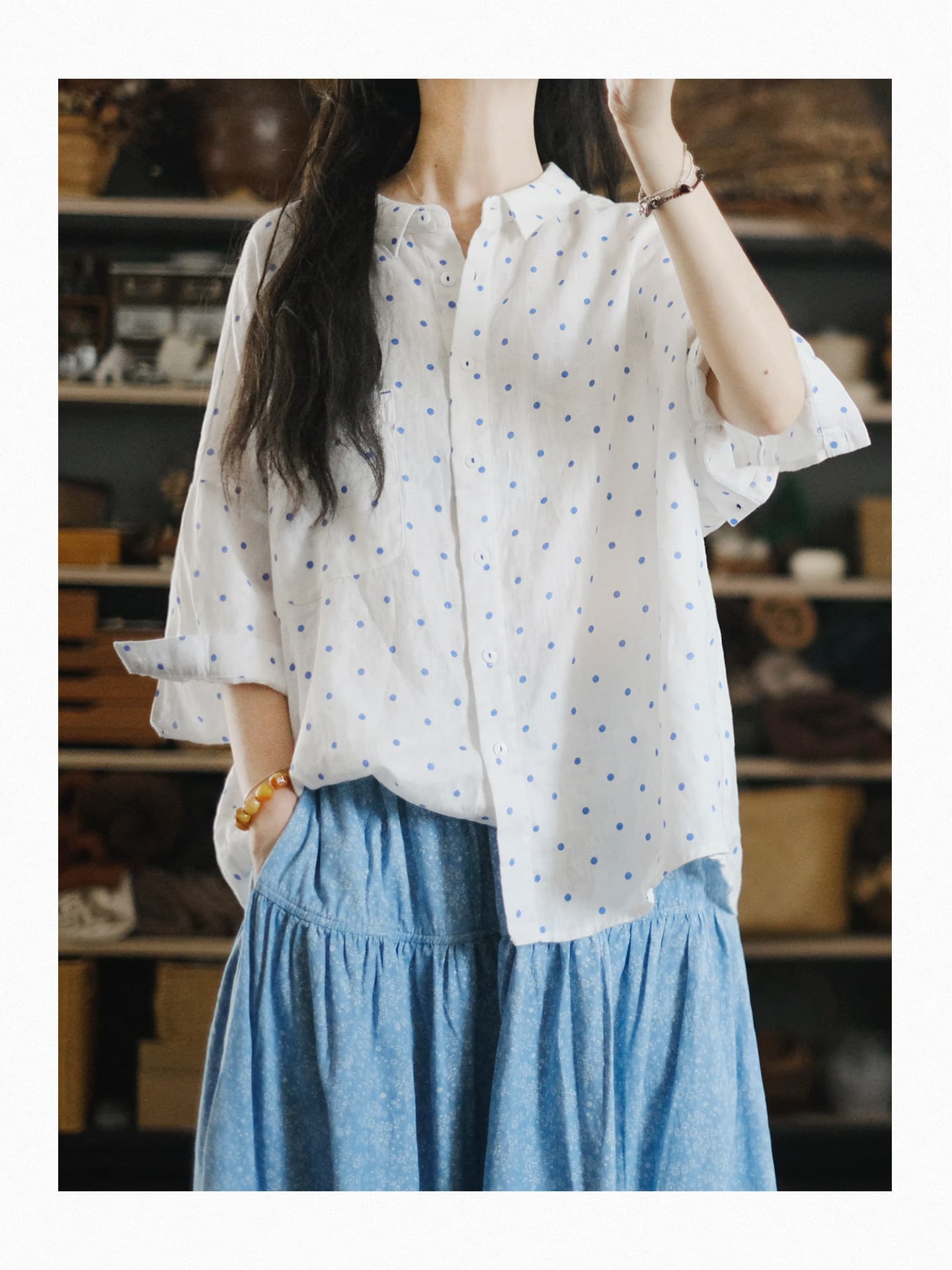 도트 무늬 셔츠 백 설정 품질 7부 소매 루즈핏 맨위 여성 상세 이미지 4