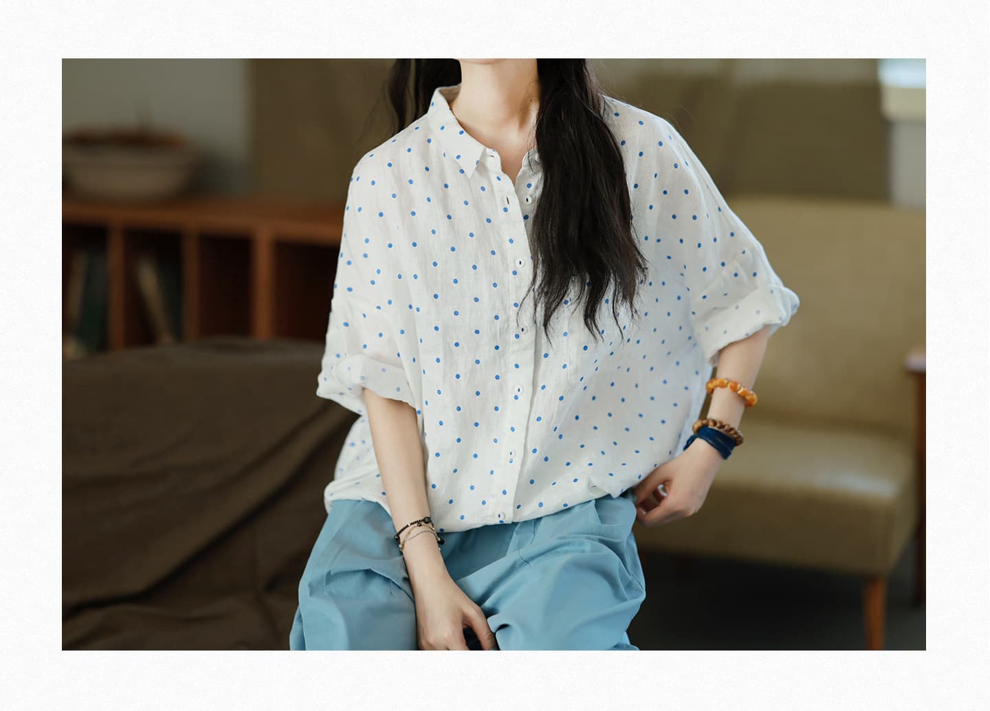 도트 무늬 셔츠 백 설정 품질 7부 소매 루즈핏 맨위 여성 상세 이미지 8