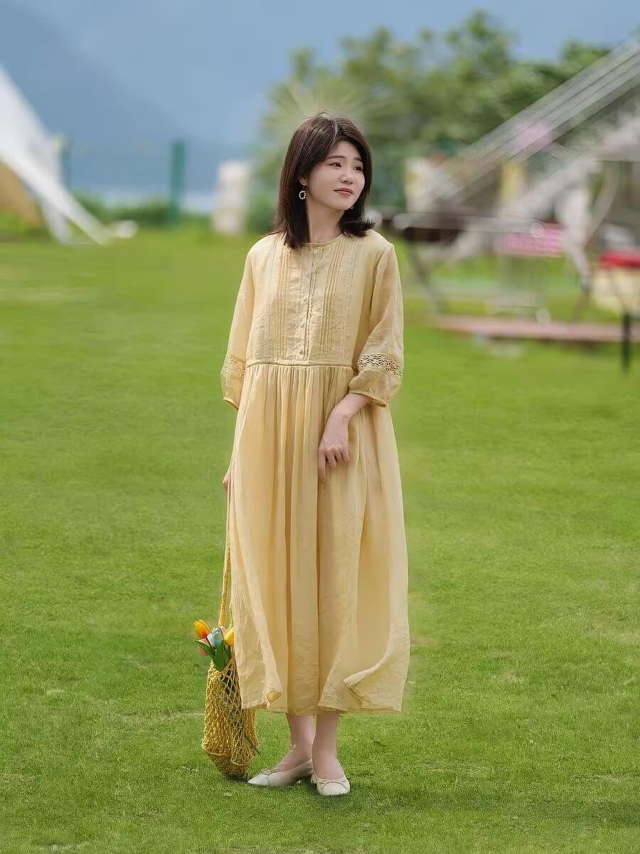 휴가 바람 레트로 여성 드레스 우아한 라미 레이스 레이스 벌룬 소매 레이스업 품격 치마 이미지 3