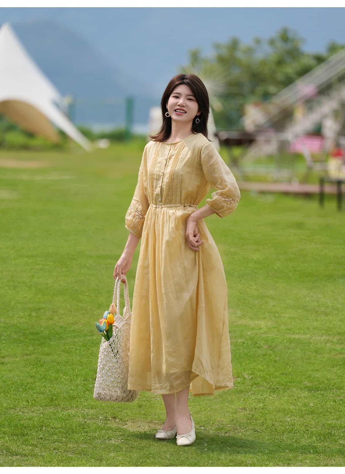 휴가 바람 레트로 여성 드레스 우아한 라미 레이스 레이스 벌룬 소매 레이스업 품격 치마 상세 이미지 5