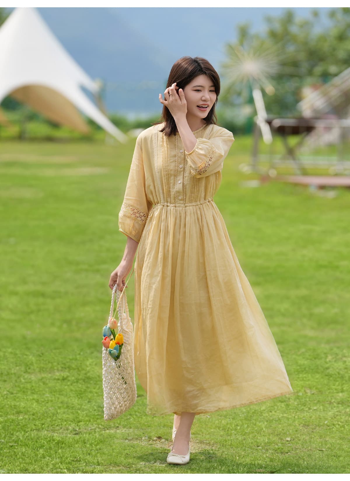 휴가 바람 레트로 여성 드레스 우아한 라미 레이스 레이스 벌룬 소매 레이스업 품격 치마 상세 이미지 7
