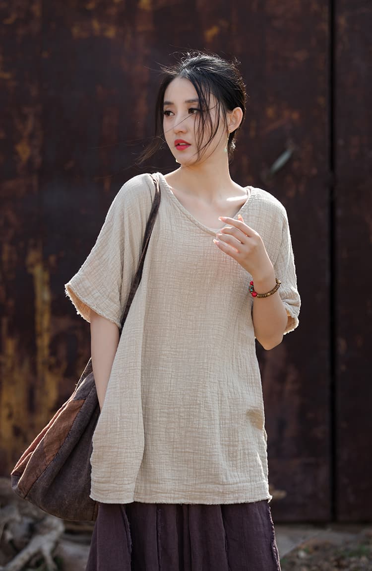 면 린넨 맨위 여성 여름 새로운 젠 여성 의류 대나무 마디 V넥 반팔 문예 다용도 슬림해 보이는 여성 티셔츠 상세 이미지 13