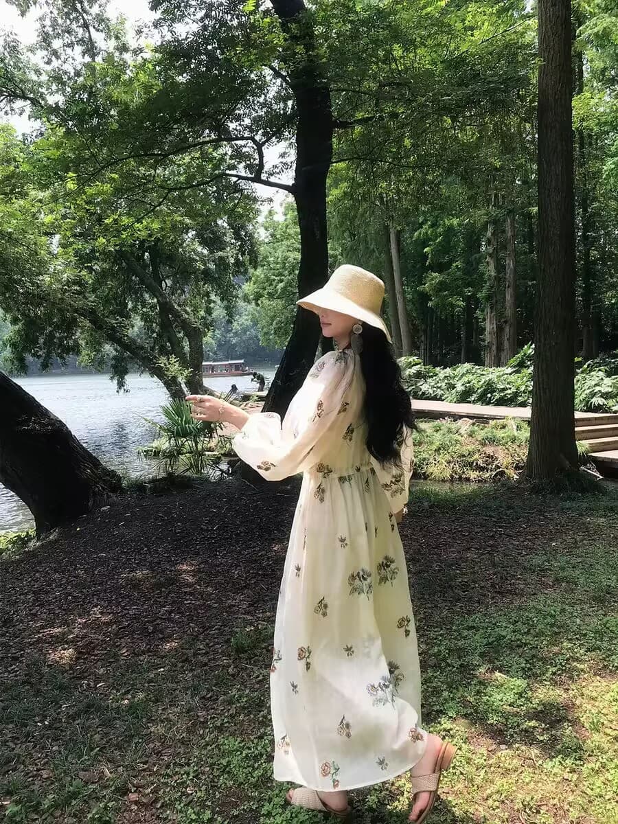 고유 한 아름다운 루즈핏 라미 꽃무늬 여성 드레스 여름 벌룬 소매 휴가 바람 품격 길다 치마 상세 이미지 5