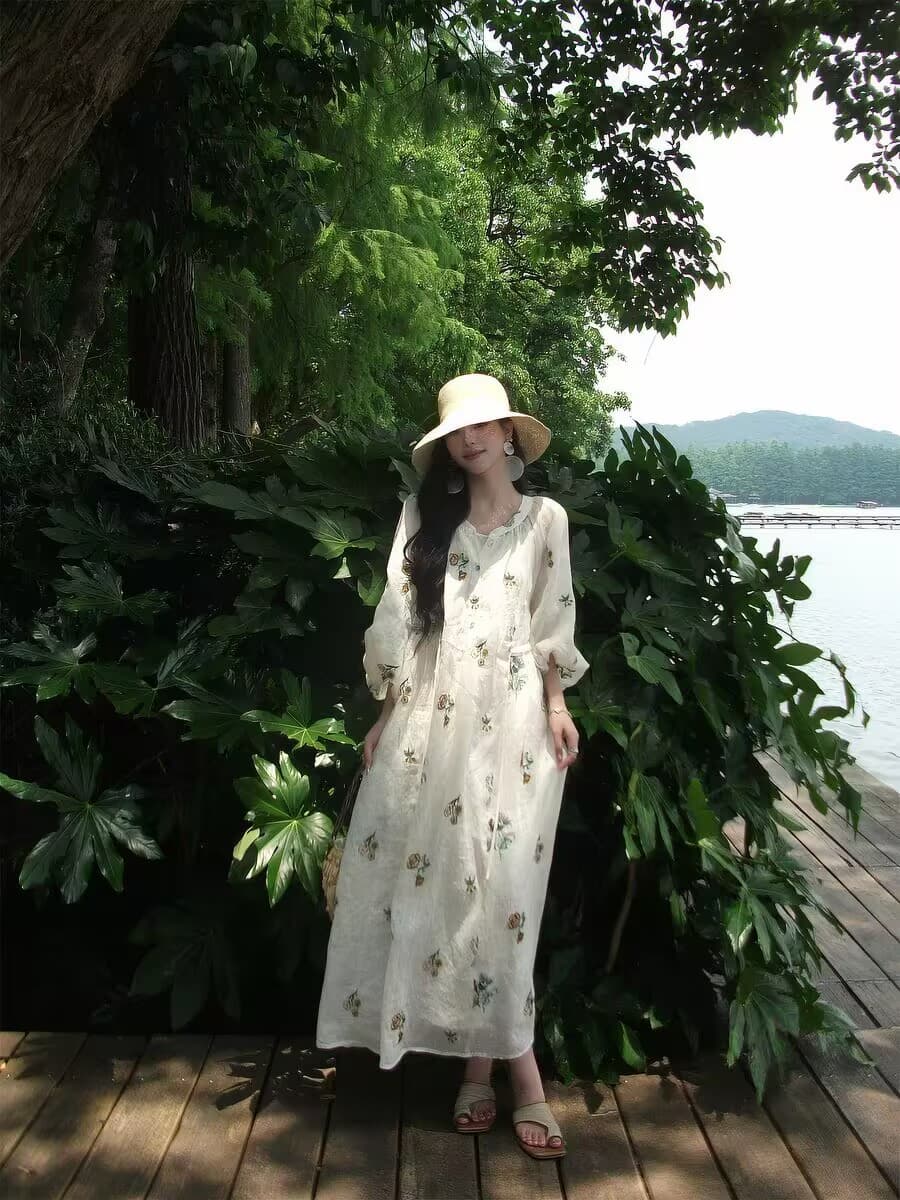 고유 한 아름다운 루즈핏 라미 꽃무늬 여성 드레스 여름 벌룬 소매 휴가 바람 품격 길다 치마 상세 이미지 6