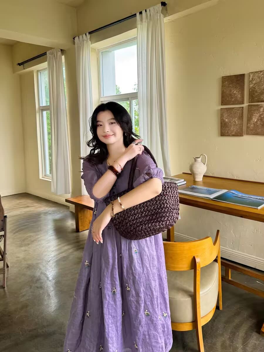 요정 가스 꽃무늬 보라색 낭만주의 V넥 슬림해 보이는 드레스 이미지 3