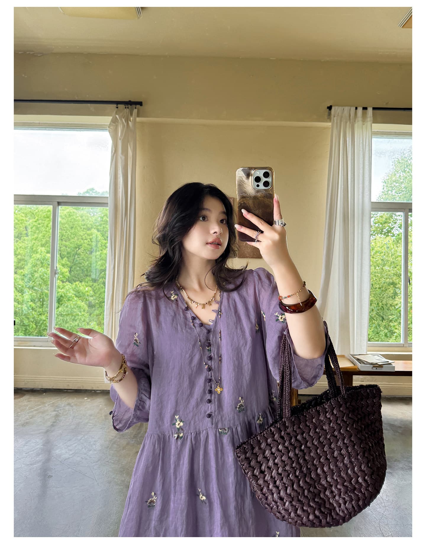 요정 가스 꽃무늬 보라색 낭만주의 V넥 슬림해 보이는 드레스 상세 이미지 7