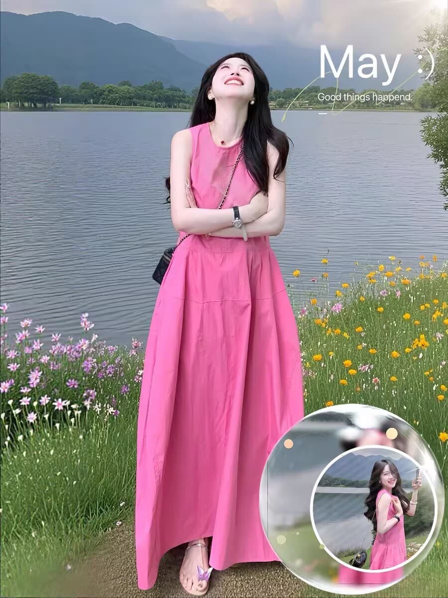 장미 핑크색 민소매 조끼 여성 드레스 여름 루즈핏 슬림해 보이는 롱 스커트 이미지 4