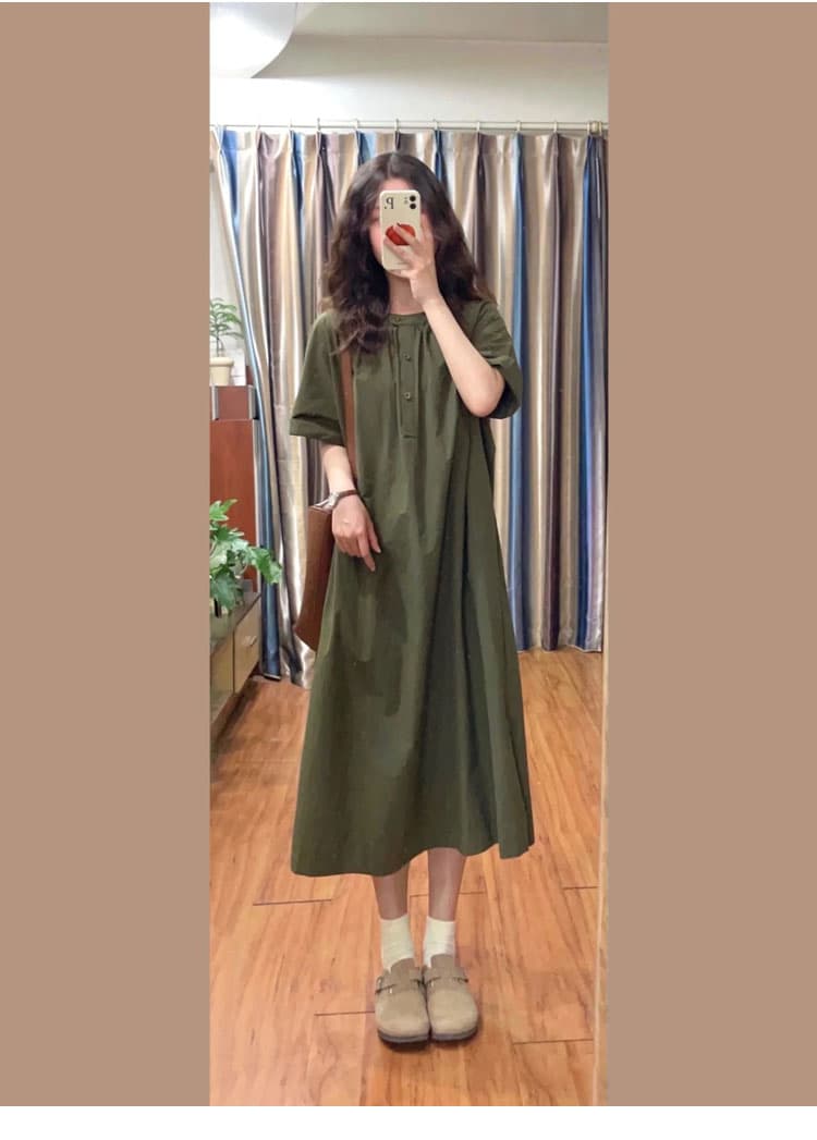 레트로 루즈핏 반팔 연령 감소 여성 드레스 학원 여름 새로운 캐주얼 바람 빅 사이즈 슬림해 보이는 길다 치마 상세 이미지 7