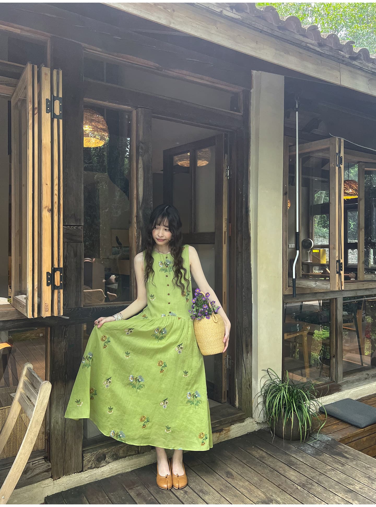 여성 드레스 여름 새로운 프린트 민소매 빅 플레어 스커트 레이스업 허리 수축 치마 상세 이미지 30