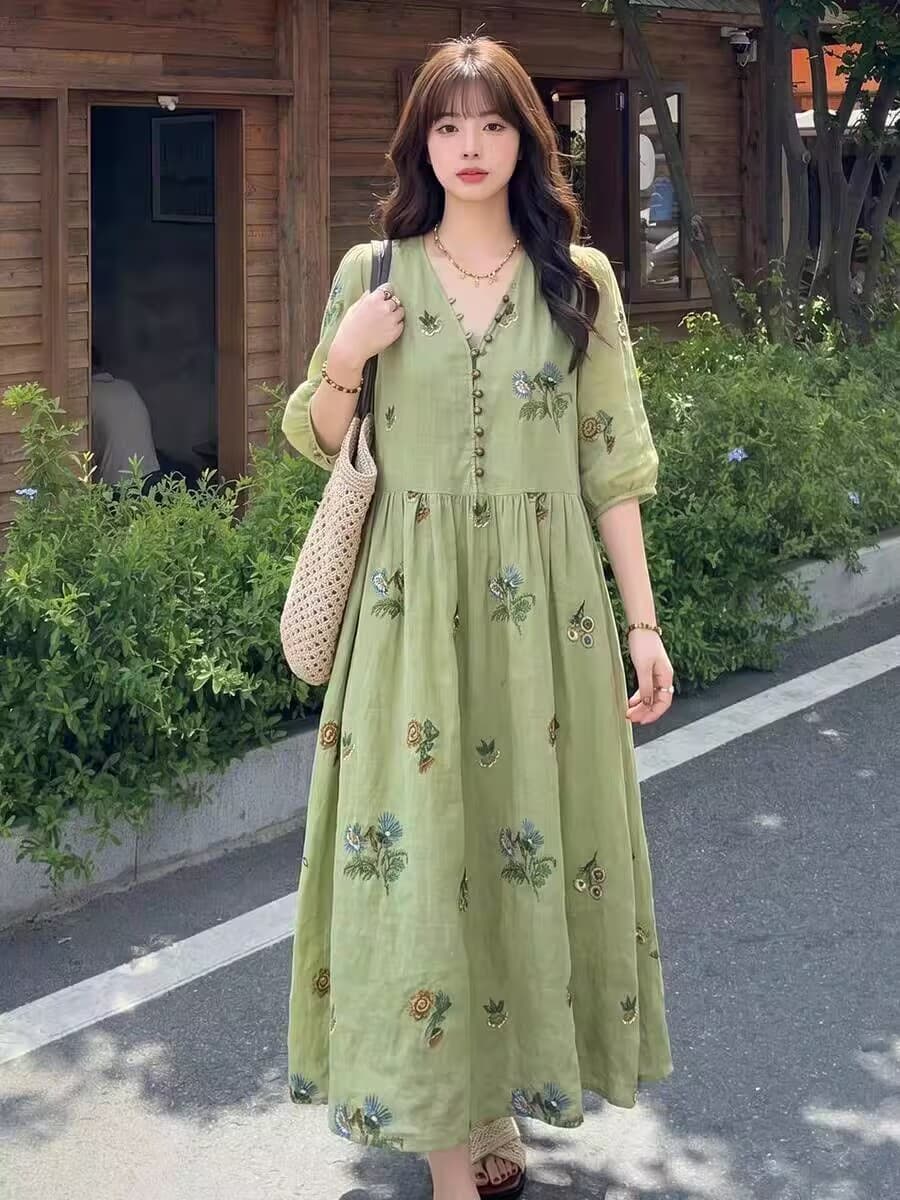 요정 가스 꽃무늬 프린트 녹색 드레스 상세 이미지 7