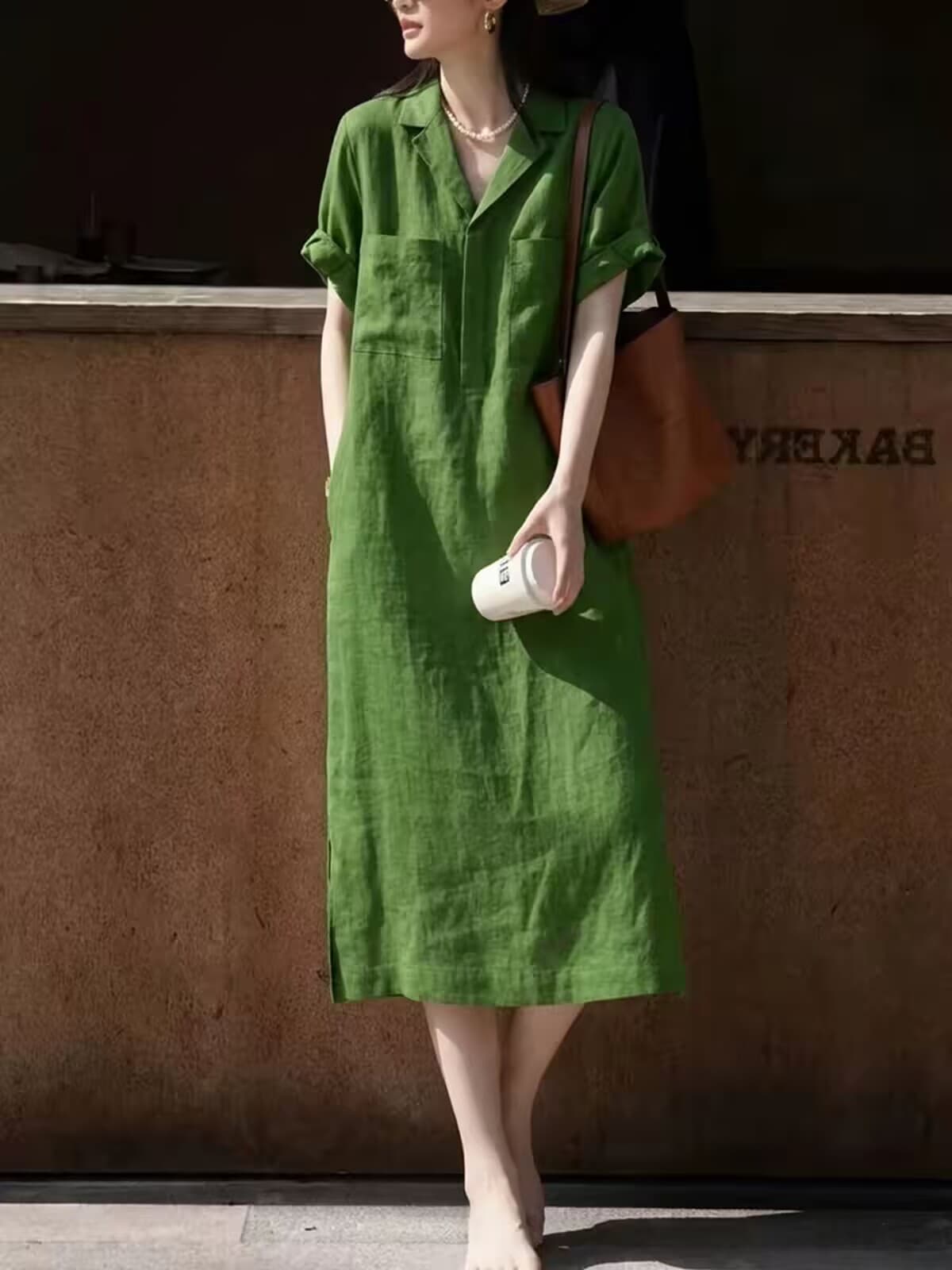 고급 센스 단순한 관대 한 ~ 중 녹색 아마 셔츠 여성 드레스 2026 여름 새로운 롱 스커트 상세 이미지 3