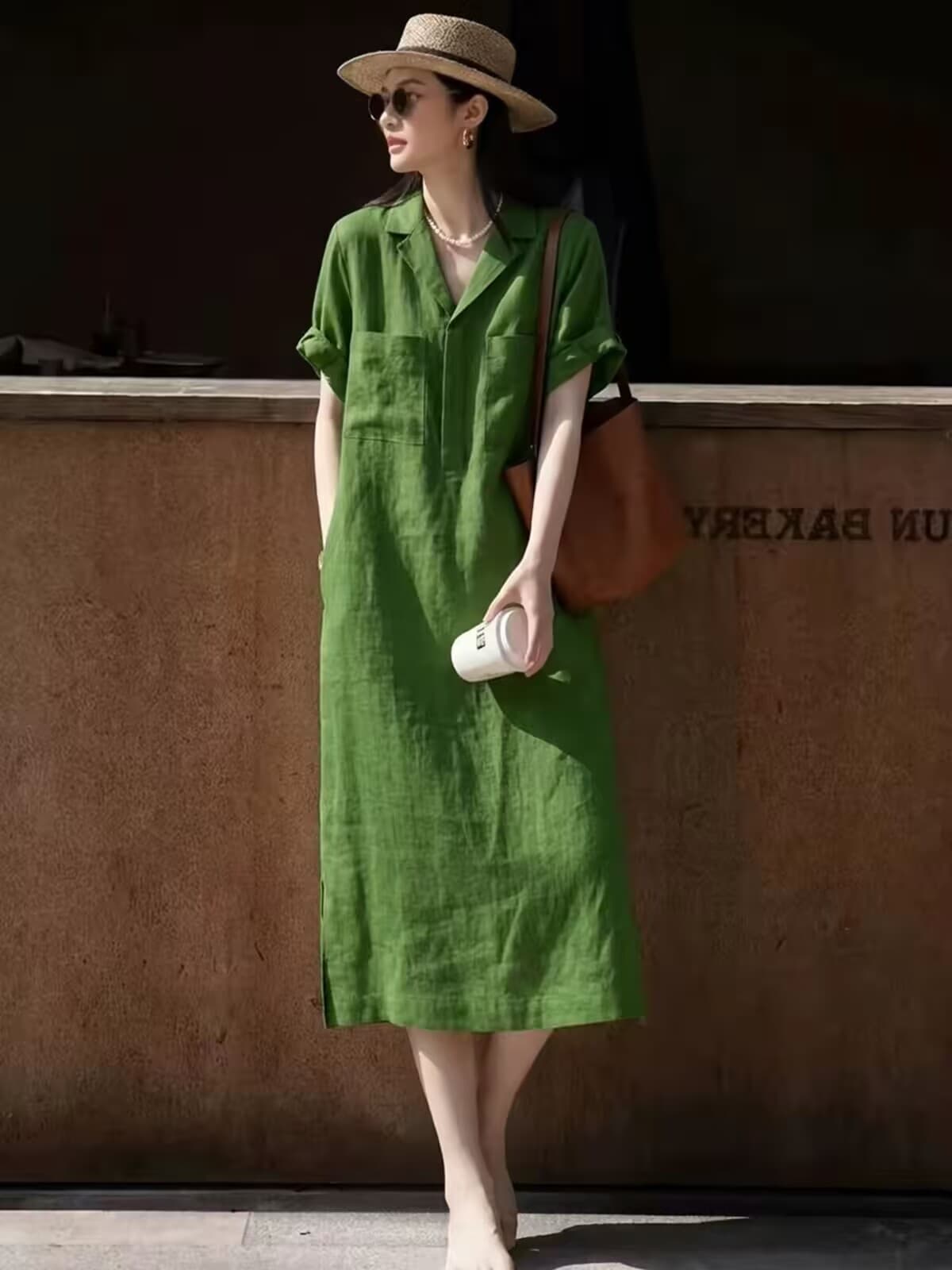 고급 센스 단순한 관대 한 ~ 중 녹색 아마 셔츠 여성 드레스 2026 여름 새로운 롱 스커트 상세 이미지 5