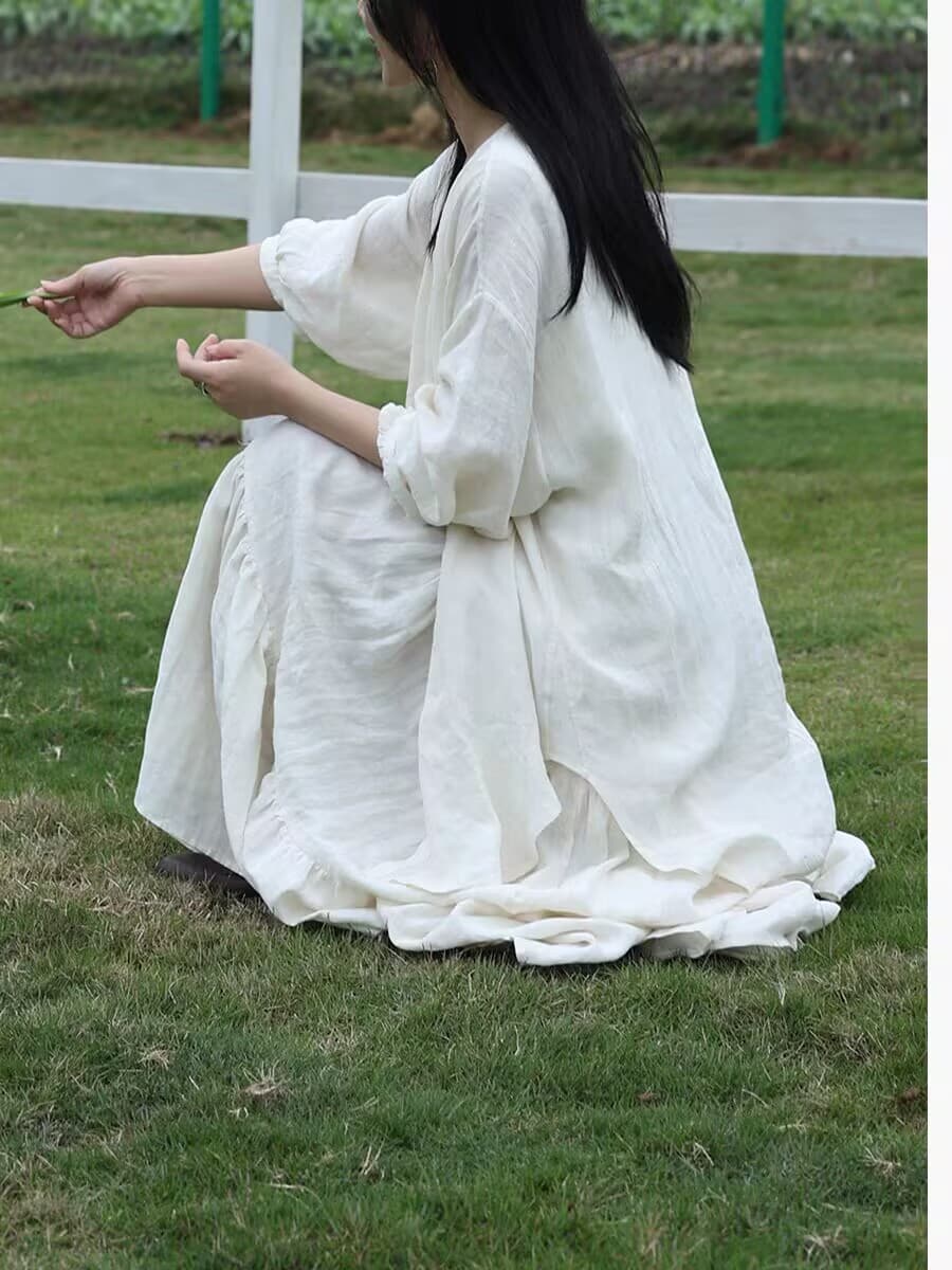 문예 품격 새로운 중식 루즈핏 아마 셔츠 화이트 이미지 3