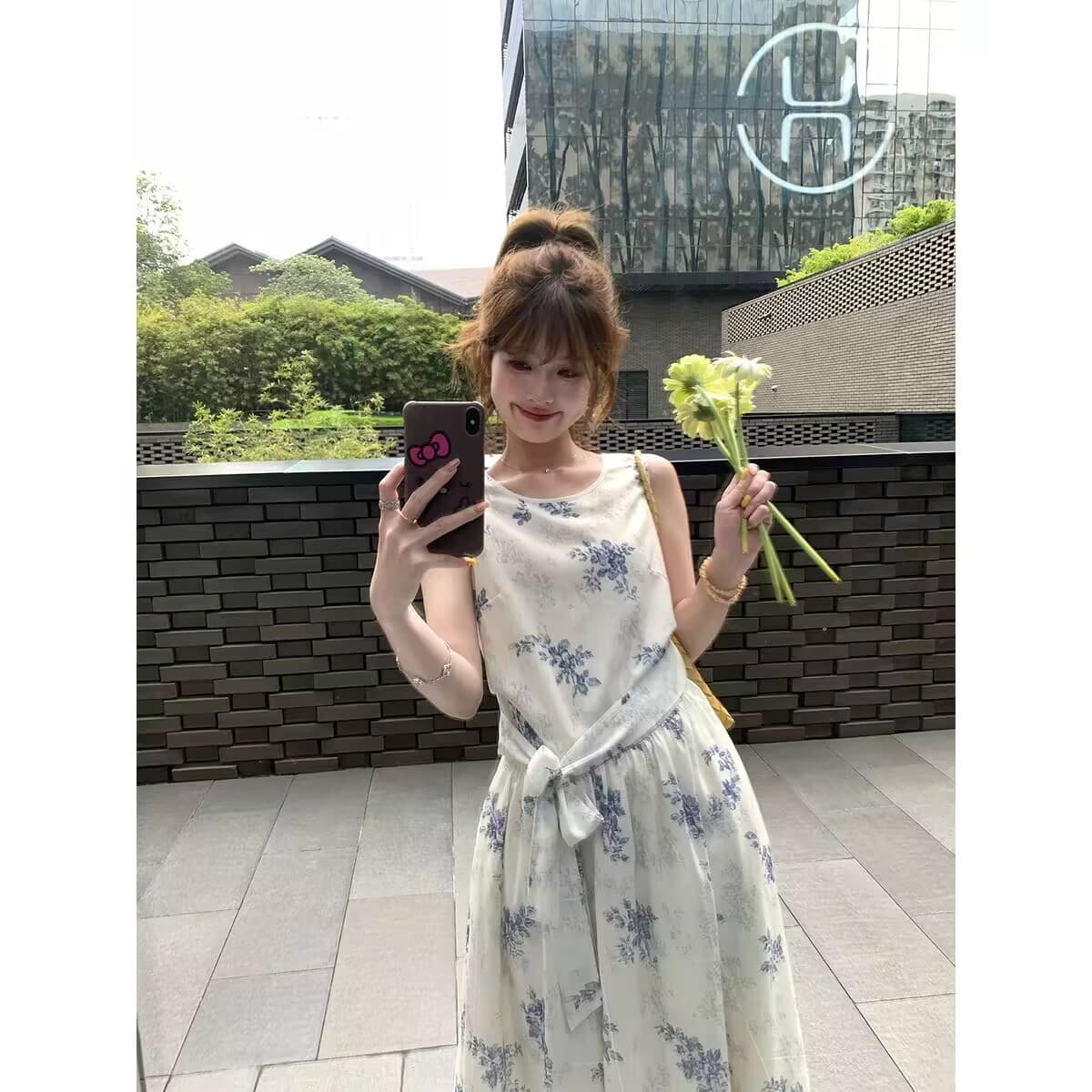 레트로 식물 프린트 루즈핏 롱 코트 꽃무늬 치마 레이스업 민소매 드레스