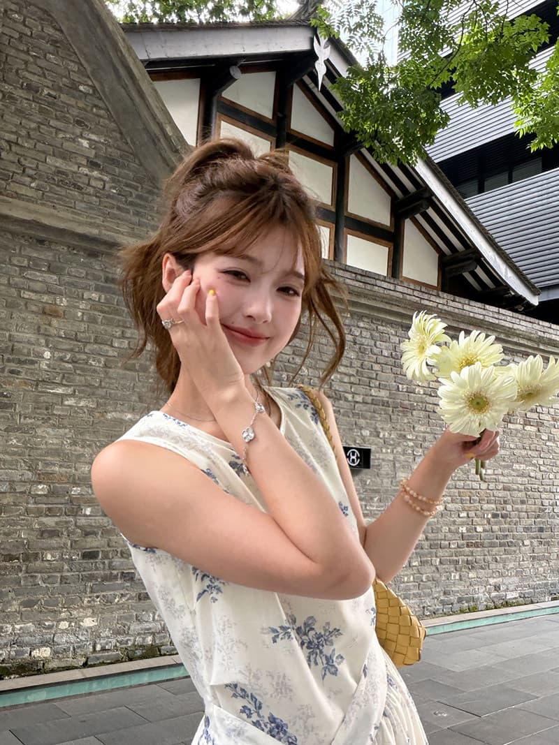 레트로 식물 프린트 루즈핏 롱 코트 꽃무늬 치마 레이스업 민소매 드레스 상세 이미지 7